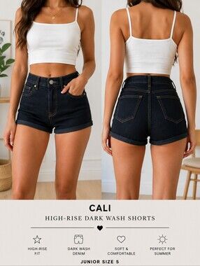 Cali High-Rise Dark Wash Denim Shorts Junior Size 5 Cuffed Jean Shorts